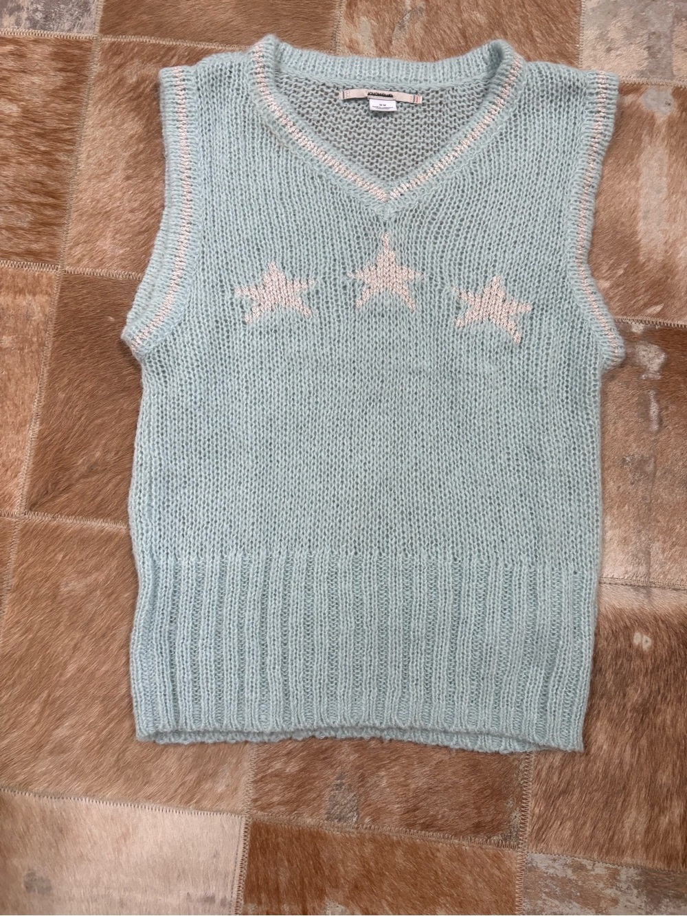 Kimchi Blue Light Blue Knit V-Neck Sweater Vest with Cream Star Accents